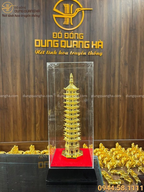 Tháp Văn Xương 9 tầng bằng đồng mạ vàng cao 30cm hộp mika 32x13cm