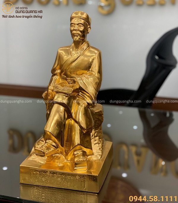 Tượng Nguyễn Bỉnh Khiêm đồng đỏ dát vàng cao 42 cm