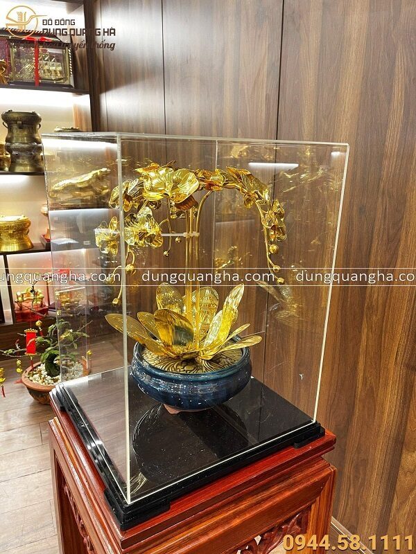 Chậu hoa lan hồ điệp đồng vàng mạ vàng 3 cành 38 cm