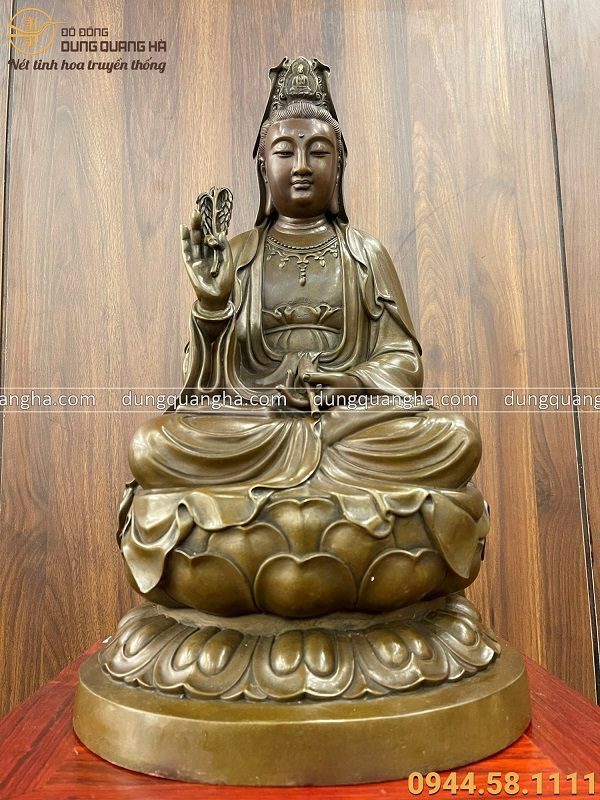 Tượng Phật Quan Âm bằng đồng vàng hun giả cổ 48x28x23cm nặng 10,5kg