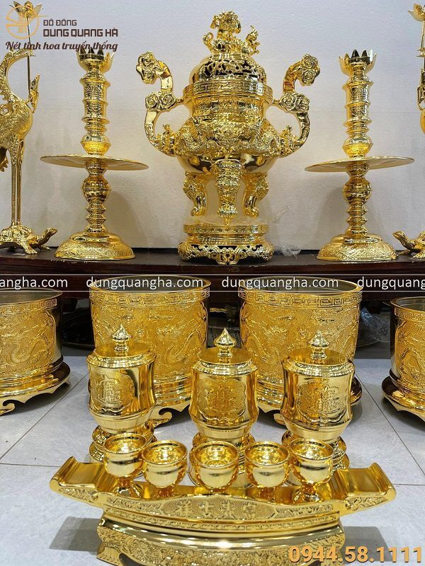 Bộ đồ thờ cúng đồng vàng mạ vàng cao 60 cm đầy đủ vật dụng