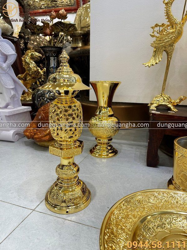 Bộ đồ thờ cúng đồng vàng mạ vàng cao 60 cm đầy đủ vật dụng