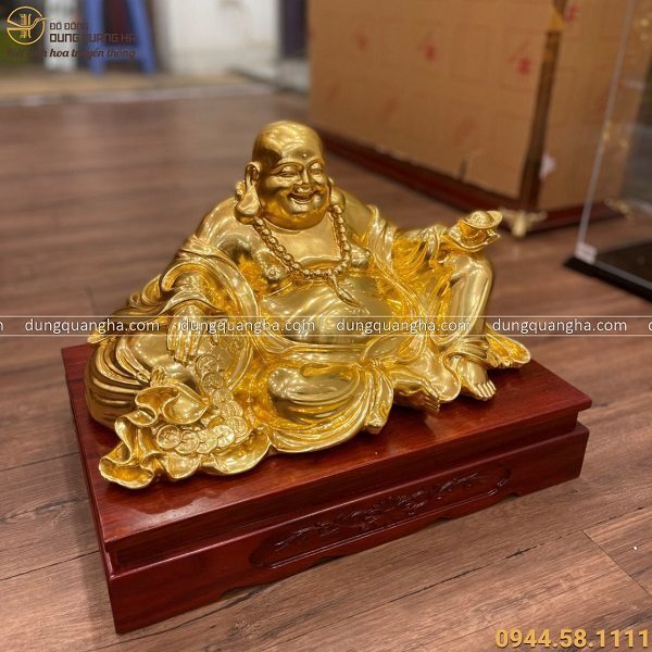 Tượng Phật Di Lặc ngồi bằng đồng vàng thếp vàng kích thước 45 cm x 24 cm