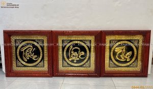 Bộ tranh chữ Phúc - Lộc - Thọ 61x61cm đồng vàng mạ vàng khung gỗ hương