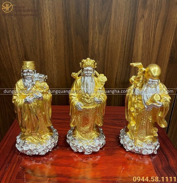 Bộ tượng Tam Đa đẹp bằng đồng thếp vàng và bạc cao 20 cm