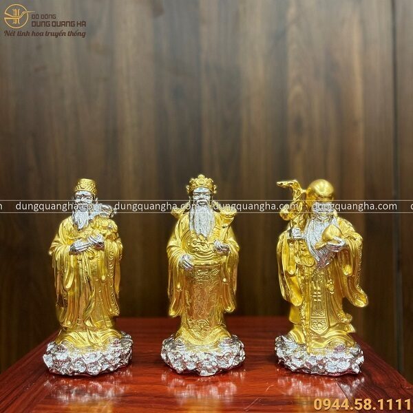 Bộ tượng Tam Đa đẹp bằng đồng thếp vàng và bạc cao 20 cm