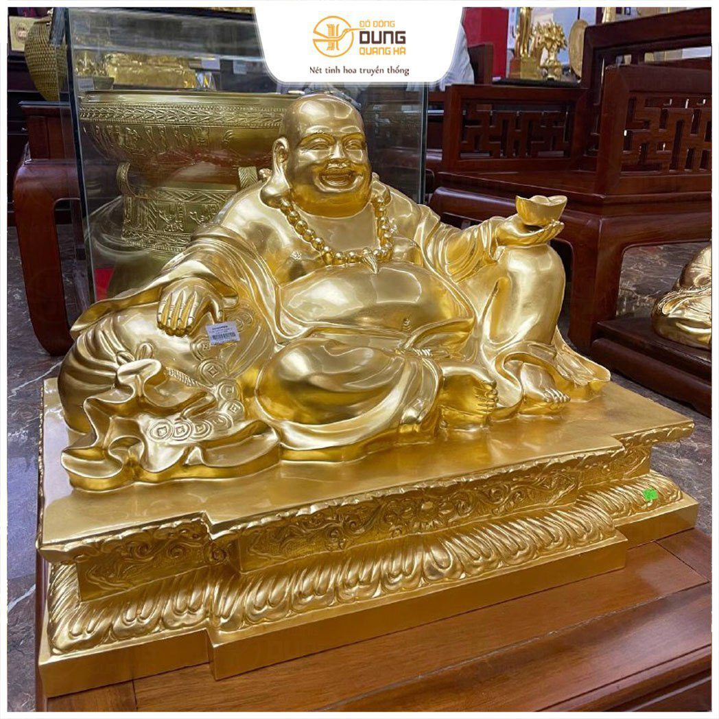 Tượng Phật Di Lặc đẹp ngồi dựa túi vải bằng đồng đỏ dát vàng 9999
