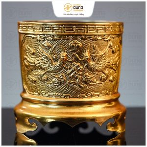 Bát hương gia tiên chạm rồng phượng bằng đồng mạ vàng 16cm