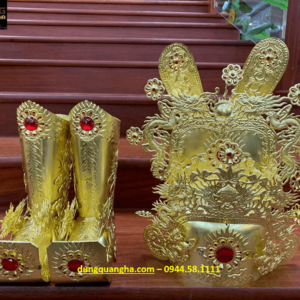 Bộ mũ hia thờ cúng dùng trong đền điện bằng đồng vàng