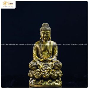 Tượng Phật A Di Đà áo hoa đồng vàng cao 30cm, ngang 16cm