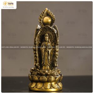 Tượng Phật 3 mặt đứng trên toà sen bằng đồng vàng cao 18cm