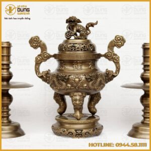 Bộ tam sự nến song long chầu nguyệt bằng đồng vàng hun nâu