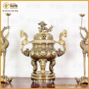 Bộ tam sự hạc đỉnh chạm hoa sòi đồng vàng hai công nghệ