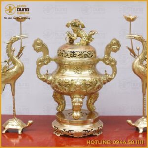 Bộ tam sự hạc đỉnh chạm song long bằng đồng catut