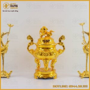 Bộ tam sự hạc đỉnh chạm sòi dát vàng 9999