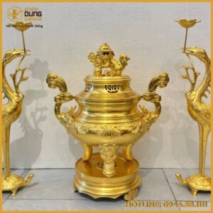 Bộ tam sự hạc đỉnh chạm hoa sòi dát vàng cao cấp
