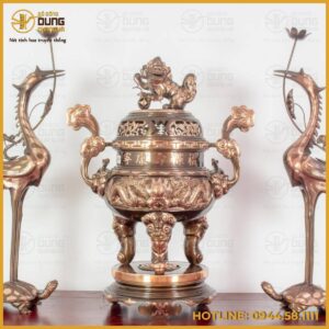 Bộ tam sự hạc đồng đỏ cạo màu đỉnh chạm song long - Mẫu 2