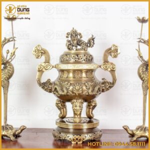 Bộ tam sự hạc đỉnh chạm song long đồng vàng hai công nghệ