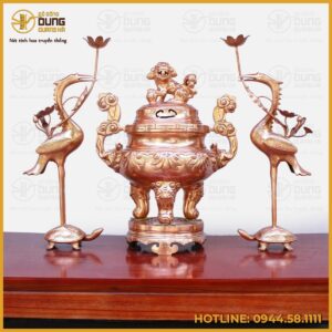 Bộ tam sự hạc đỉnh chạm hoa sòi đồng đỏ