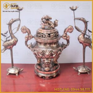 Bộ tam sự hạc đồng đỏ cạo màu đỉnh chạm song long - Mẫu 4