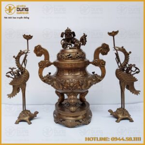 Bộ tam sự hạc hun nâu đỉnh chạm song long chầu nguyệt