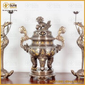 Bộ tam sự hạc đồng đỏ khảm ngũ sắc chạm long phụng chầu nguyệt
