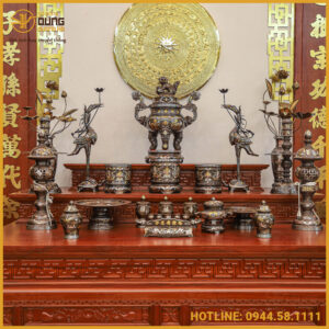Bộ ngũ sự song long chầu nguyệt đồng đỏ khảm ngũ sắc cao 60cm