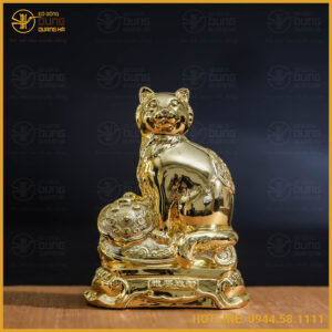 Tượng mèo Như Ý đồng vàng mạ vàng kích thước 17x13cm nặng 1kg