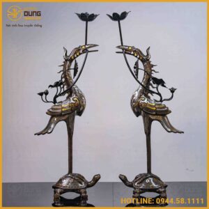 Đôi hạc ngậm sen đồng đỏ khảm ngũ sắc cao 50cm