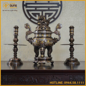 Bộ tam sự nên song long chầu nguyệt đồng đỏ khảm ngũ sắc cao 65cm