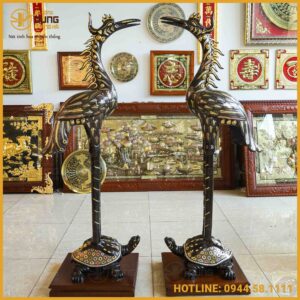 Đôi hạc thờ cỡ lớn đồng đỏ khảm tam khí