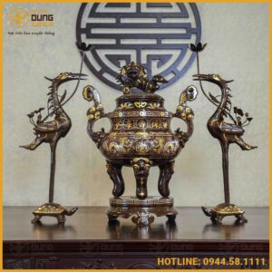 Bộ tam sự hạc chạm rồng đồng đỏ khảm tam khí dát điểm vàng cao 60cm