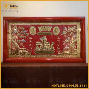 Tranh mừng thọ ông đồng vàng 65cm x 95cm khung gỗ nền đỏ