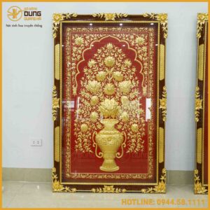 Tranh chỉ Dubai hình bình hoa dát vàng nền đỏ cao cấp