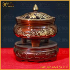 Trầm sen bướm đồng vàng làm màu cổ kính cao 11cm đường kính 8cm