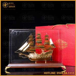 Mô hình thuyền bằng đồng mạ vàng cao cấp cao 35cm