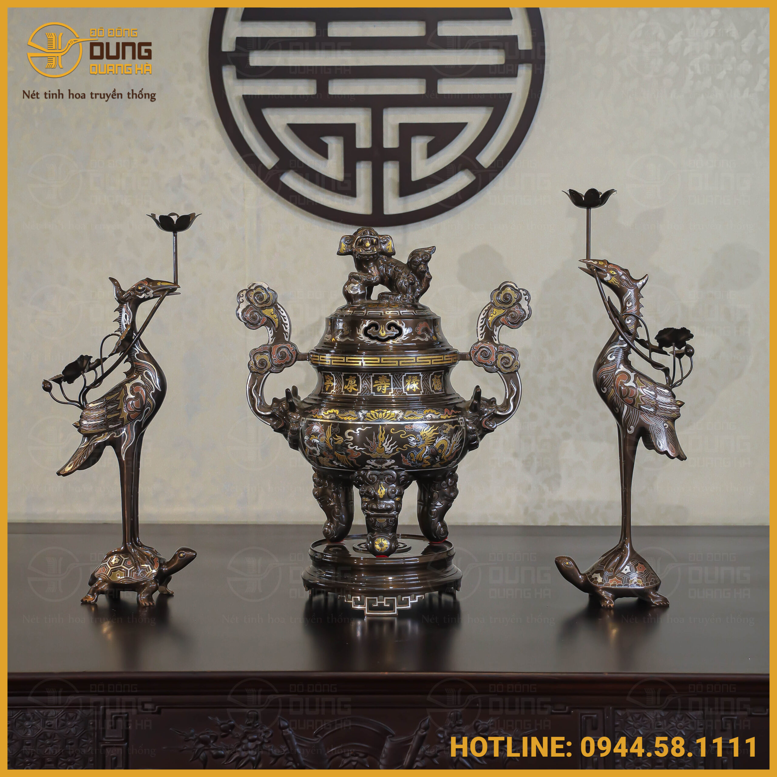 Bộ ngũ sự đồng đỏ khảm ngũ sắc song long chầu nguyệt 50cm