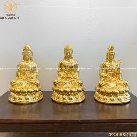 Bộ tượng tam thánh Phật bằng đồng dát vàng 9999 cao 47cm