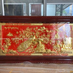 Tranh Ngọc Đường Phú Quý 1m7 x 90cm dát vàng nền sơn đỏ