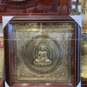 Tranh Phật bằng đồng giả cổ khung giả gỗ vuông 75cm