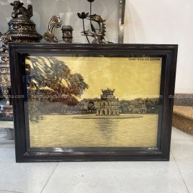 Tranh Tháp Rùa Hồ Gươm bằng đồng vàng xước giả cổ 60x80 cm