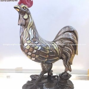 Tượng gà phong thủy bằng đồng cao 40cm khảm ngũ sắc