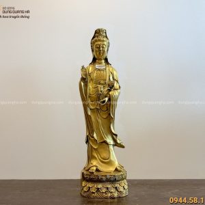Tượng Phật Quan Âm đứng bằng đồng vàng kích thước 62x16cm