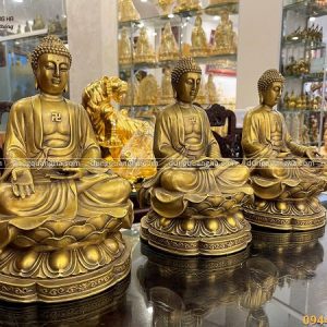 Tượng Tam Thế Phật ngồi đồng vàng kích thước 32cm x 21cm x 19cm